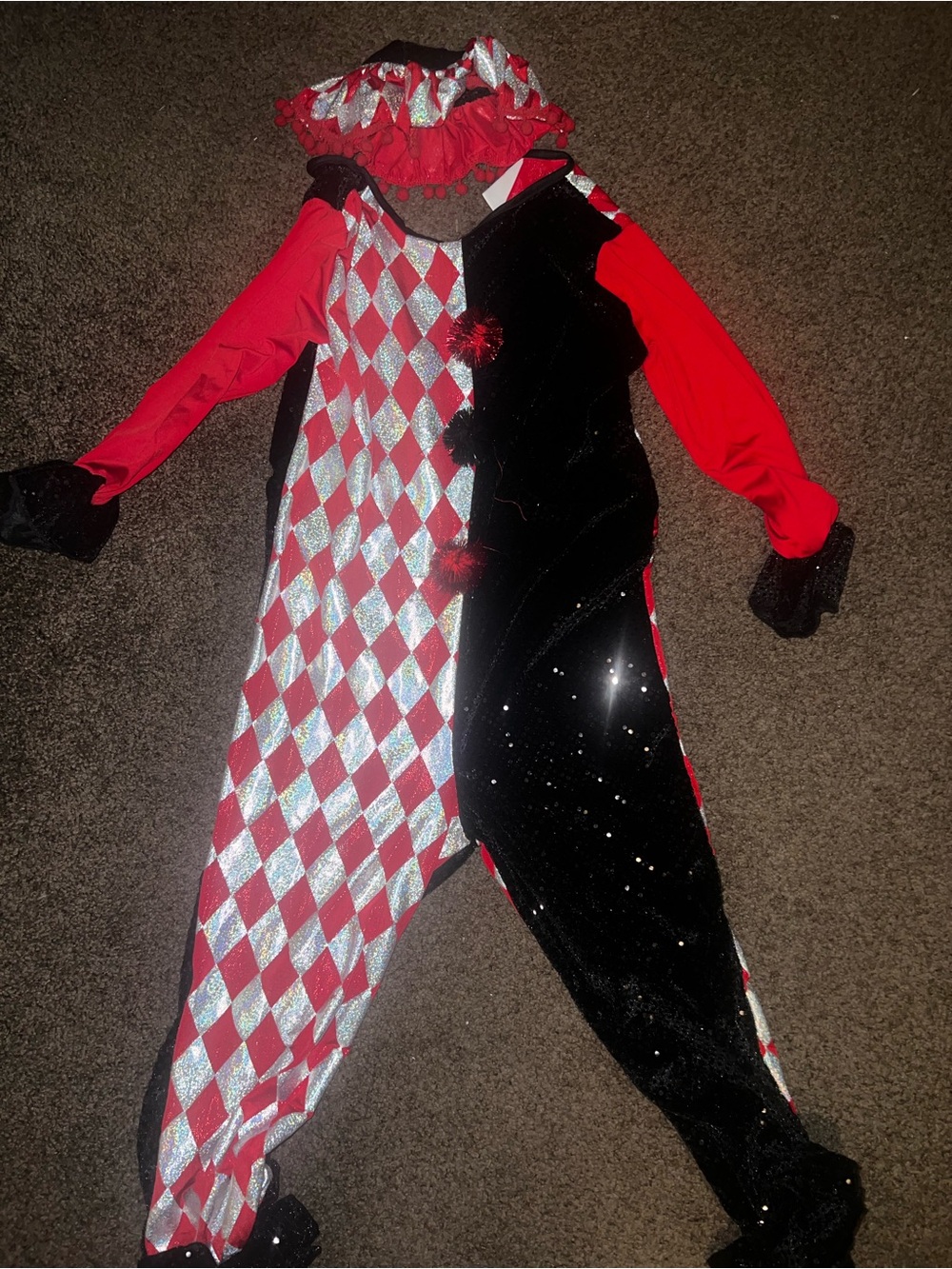 Spirit Red & Black Harlequin Jester Costume with Silver Diamonds